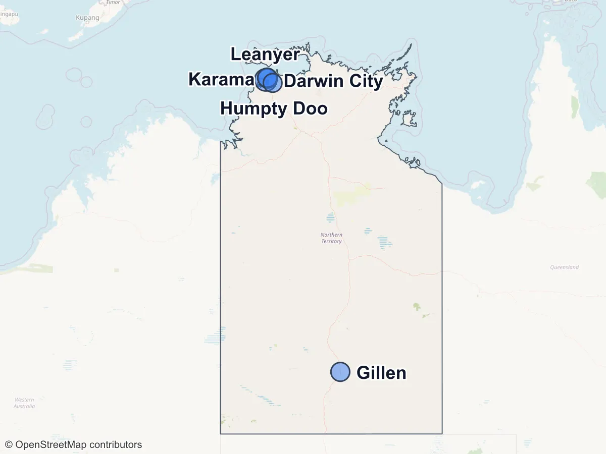 Map of Northern Territory with a circle for each of its largest suburbs