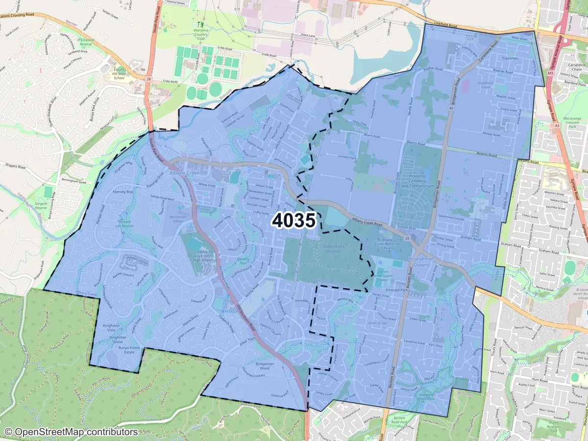 Map of Albany Creek, QLD, showing its postcode areas as colored shapes and the suburb outline as a dashed line