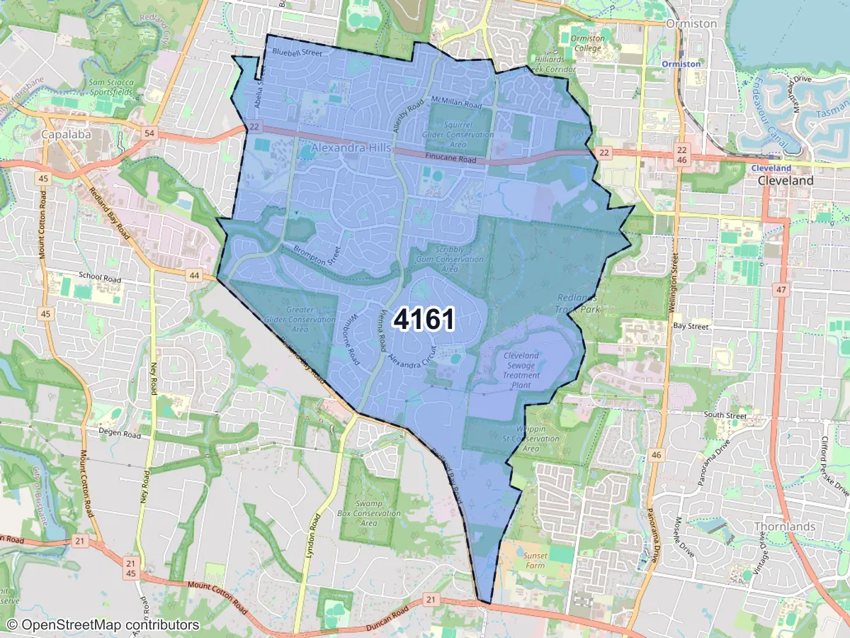 Map of Alexandra Hills, QLD, showing its postcode areas as colored shapes and the suburb outline as a dashed line