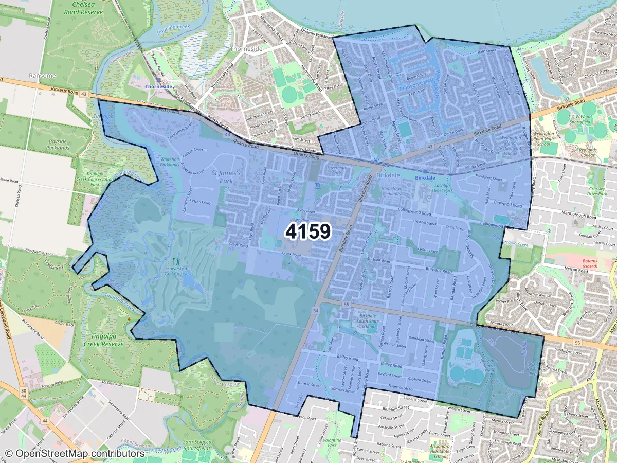 Map of Birkdale, QLD, showing its postcode areas as colored shapes and the suburb outline as a dashed line