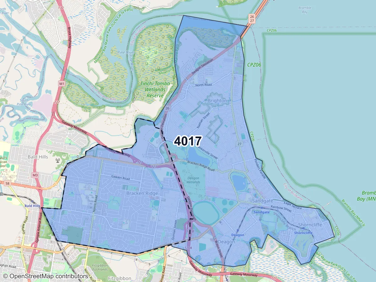 Map of Bracken Ridge, QLD, showing its postcode areas as colored shapes and the suburb outline as a dashed line
