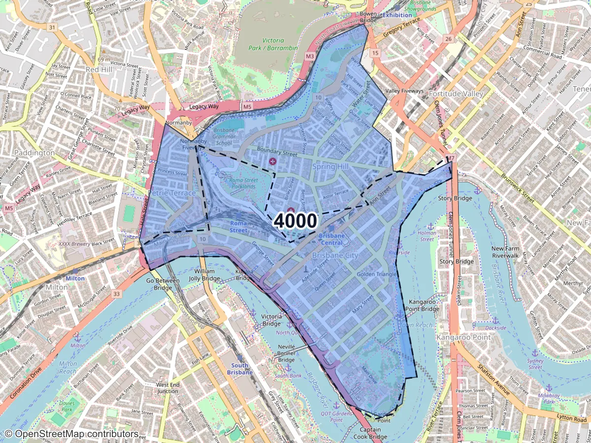 Map of Brisbane City, QLD, showing its postcode areas as colored shapes and the suburb outline as a dashed line