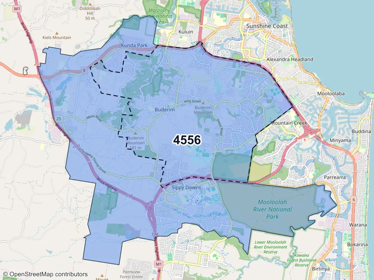Map of Buderim, QLD, showing its postcode areas as colored shapes and the suburb outline as a dashed line