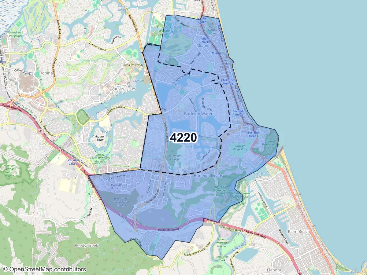 Map of Burleigh Waters, QLD, showing its postcode areas as colored shapes and the suburb outline as a dashed line