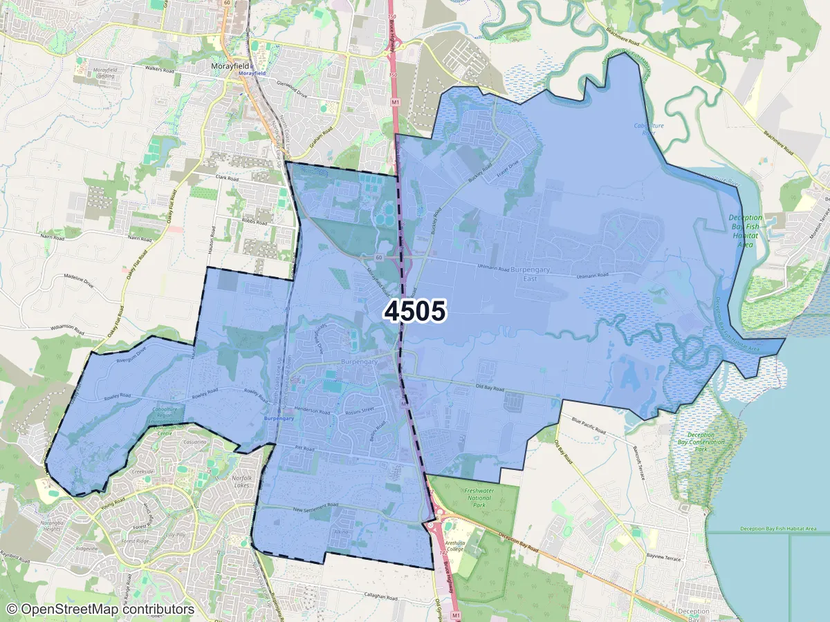 Map of Burpengary, QLD, showing its postcode areas as colored shapes and the suburb outline as a dashed line