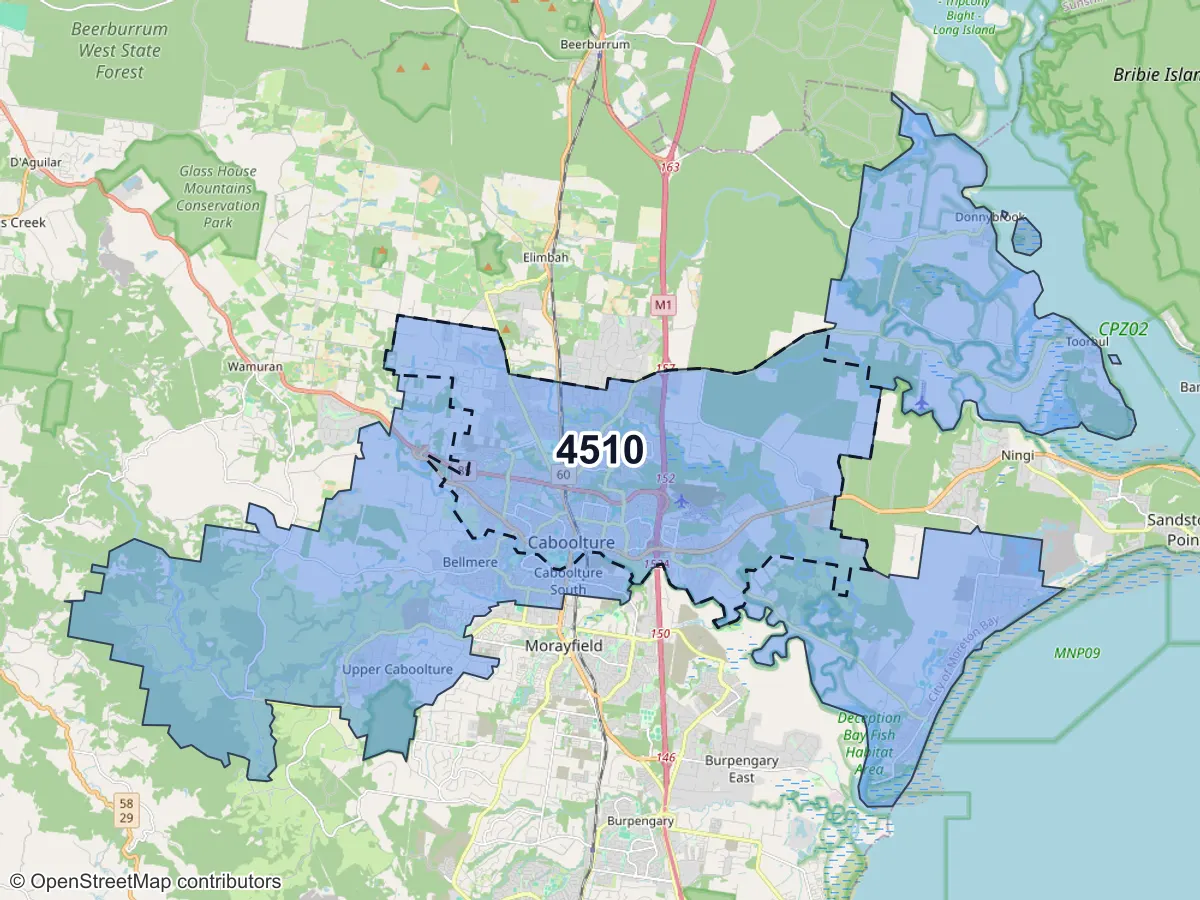 Map of Caboolture, QLD, showing its postcode areas as colored shapes and the suburb outline as a dashed line