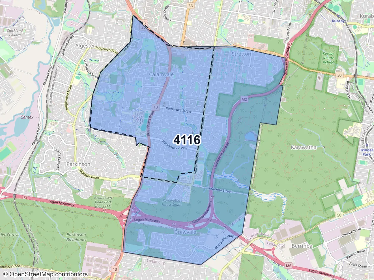 Map of Calamvale, QLD, showing its postcode areas as colored shapes and the suburb outline as a dashed line