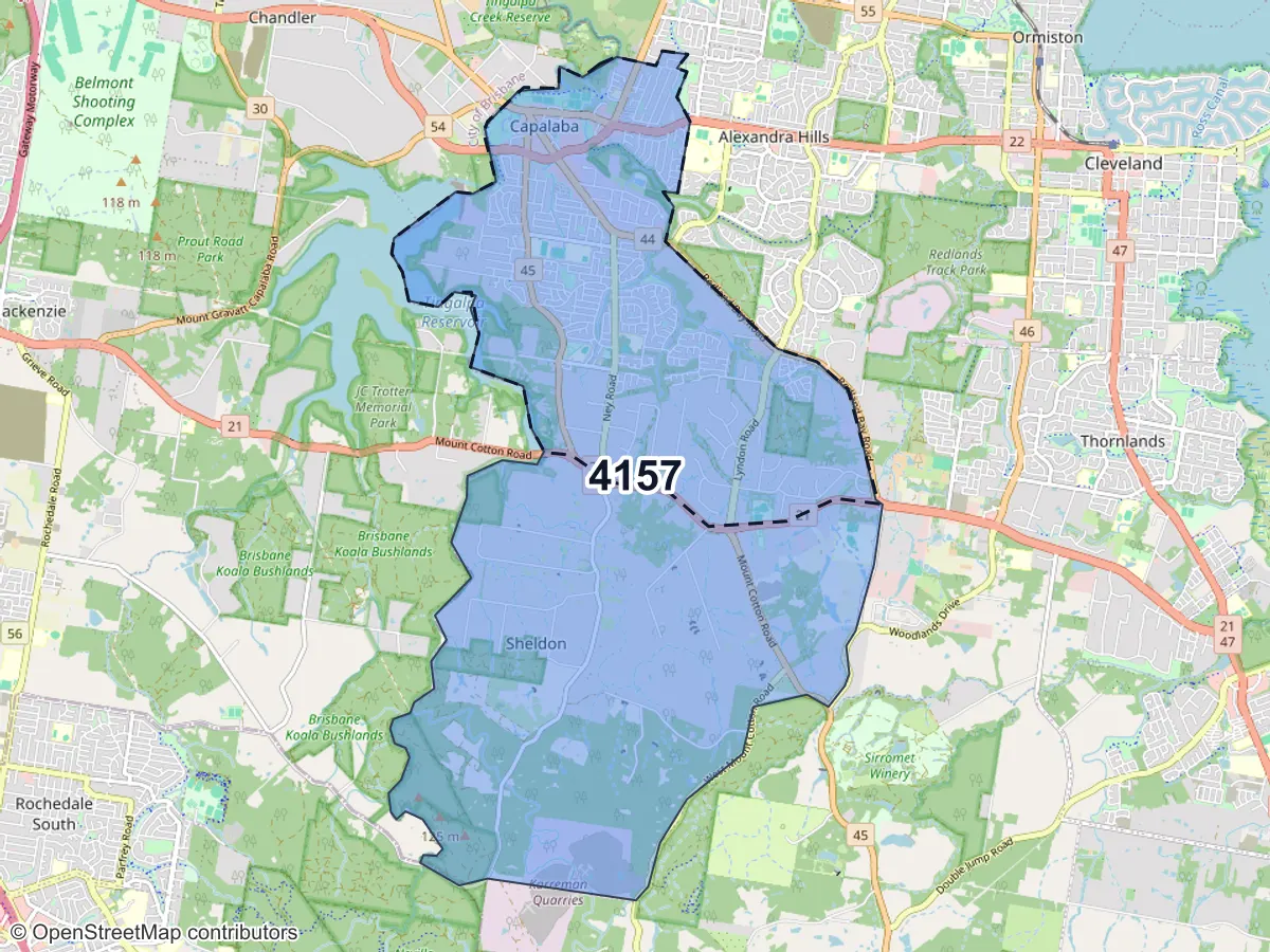 Map of Capalaba, QLD, showing its postcode areas as colored shapes and the suburb outline as a dashed line