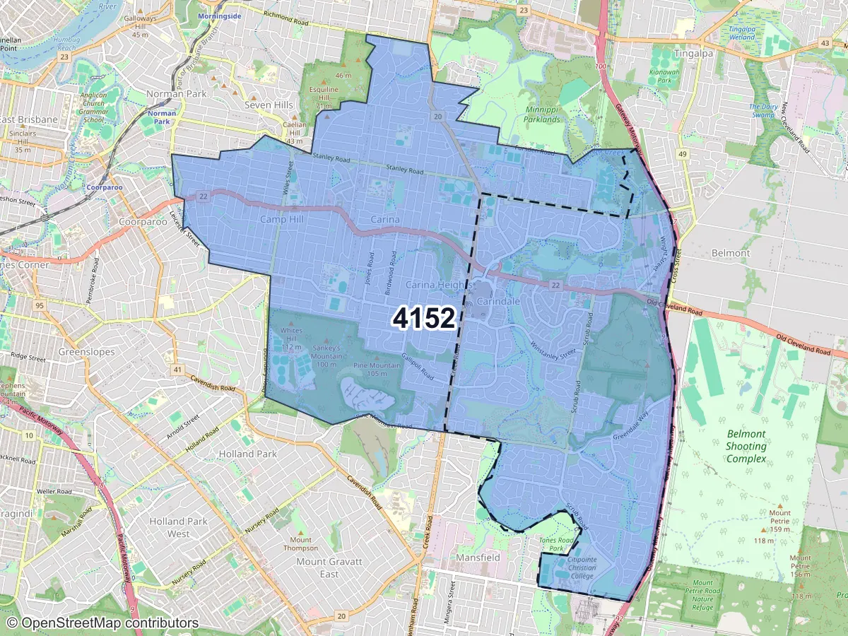 Map of Carindale, QLD, showing its postcode areas as colored shapes and the suburb outline as a dashed line