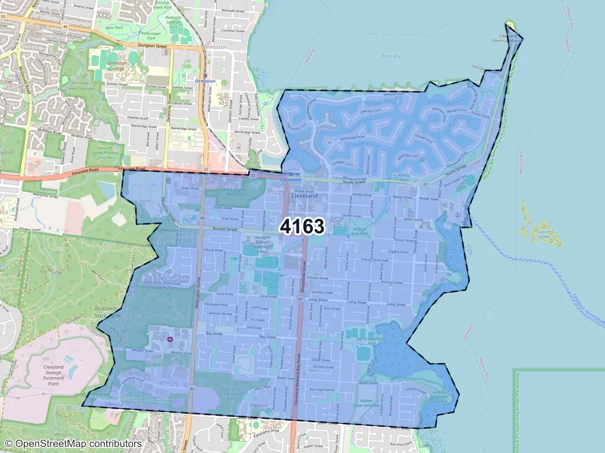 Map of Cleveland, QLD, showing its postcode areas as colored shapes and the suburb outline as a dashed line