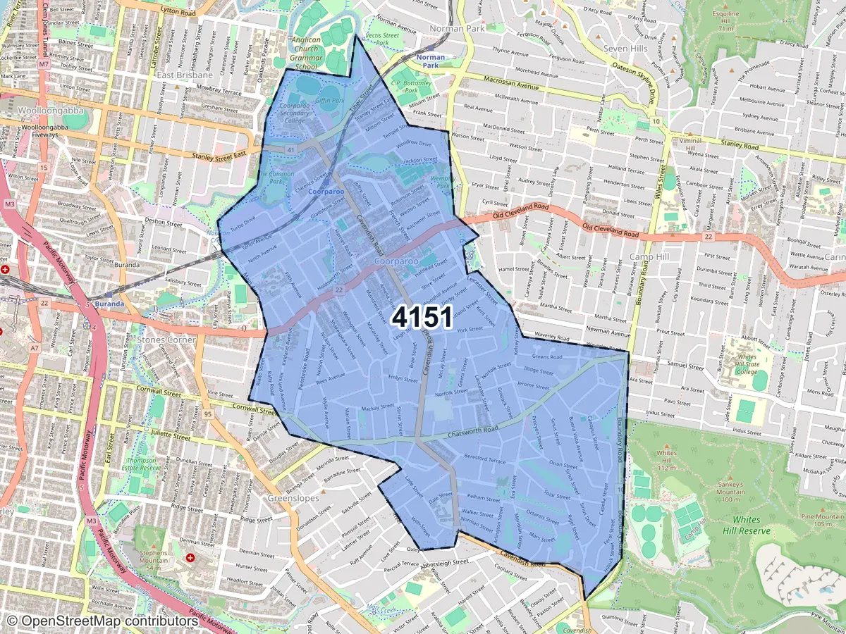 Map of Coorparoo, QLD, showing its postcode areas as colored shapes and the suburb outline as a dashed line