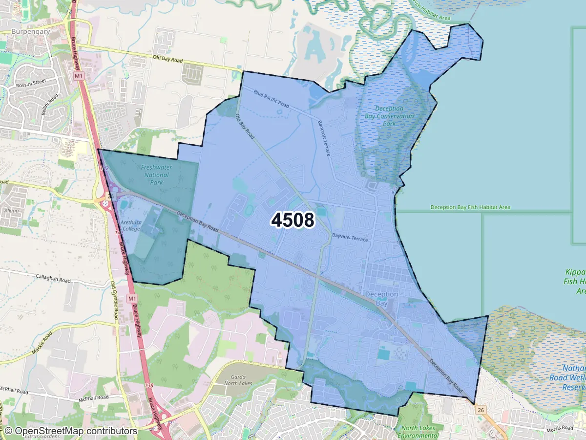 Map of Deception Bay, QLD, showing its postcode areas as colored shapes and the suburb outline as a dashed line