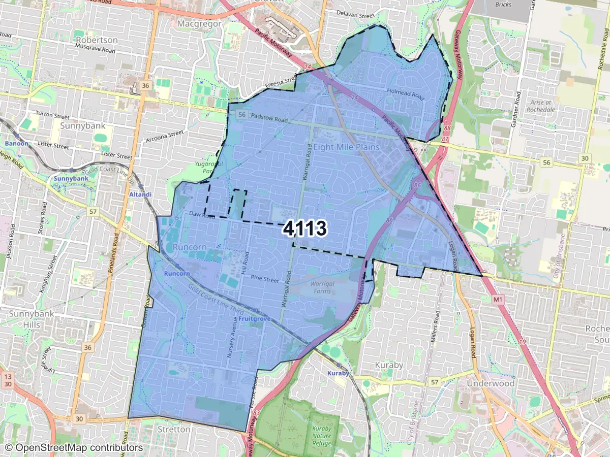 Map of Eight Mile Plains, QLD, showing its postcode areas as colored shapes and the suburb outline as a dashed line