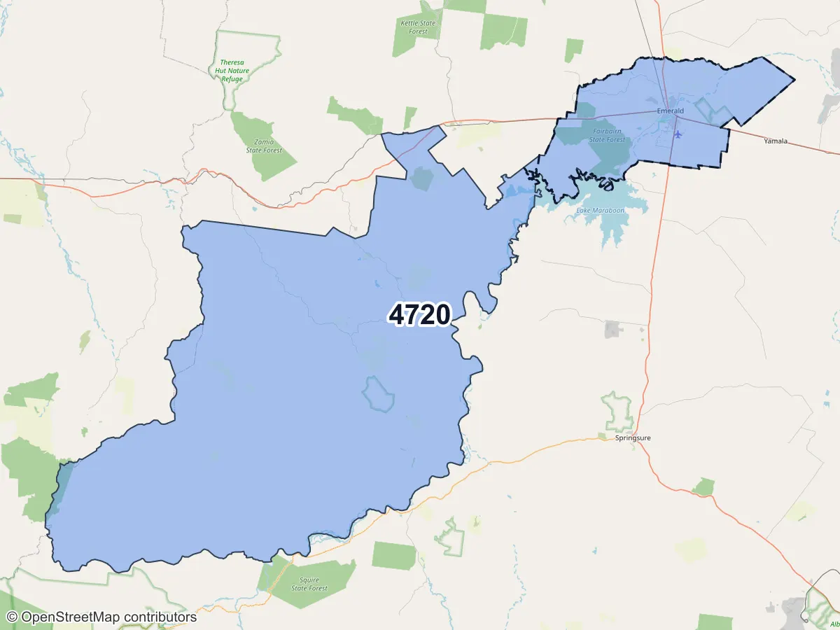 Map of Emerald, QLD, showing its postcode areas as colored shapes and the suburb outline as a dashed line