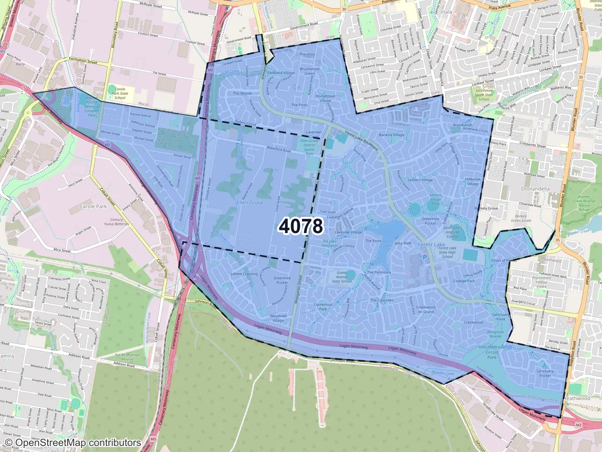 Map of Forest Lake, QLD, showing its postcode areas as colored shapes and the suburb outline as a dashed line