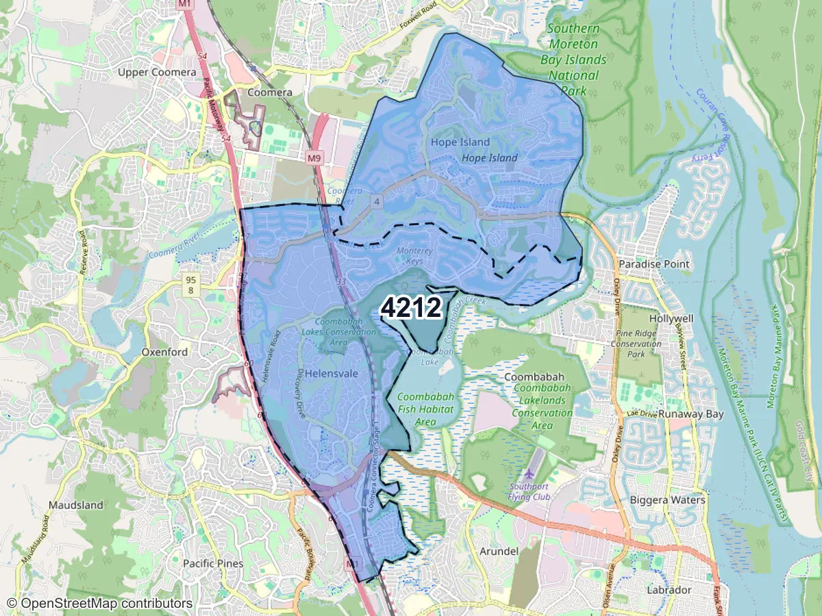 Map of Helensvale, QLD, showing its postcode areas as colored shapes and the suburb outline as a dashed line