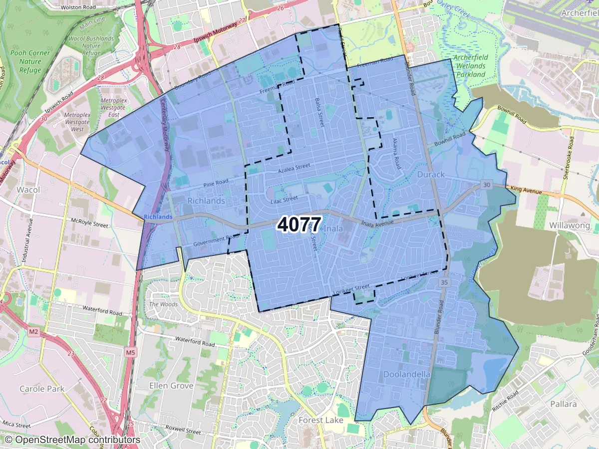 Map of Inala, QLD, showing its postcode areas as colored shapes and the suburb outline as a dashed line