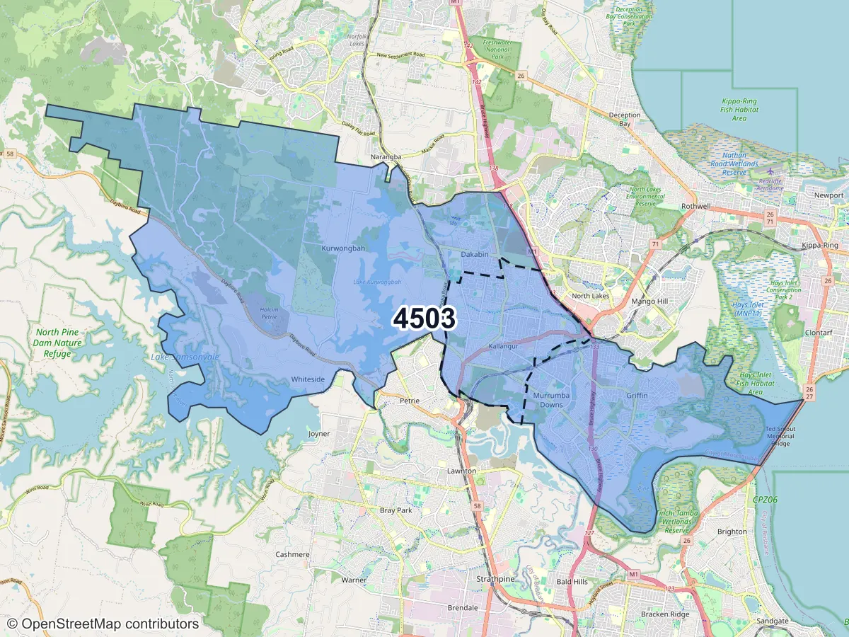 Map of Kallangur, QLD, showing its postcode areas as colored shapes and the suburb outline as a dashed line