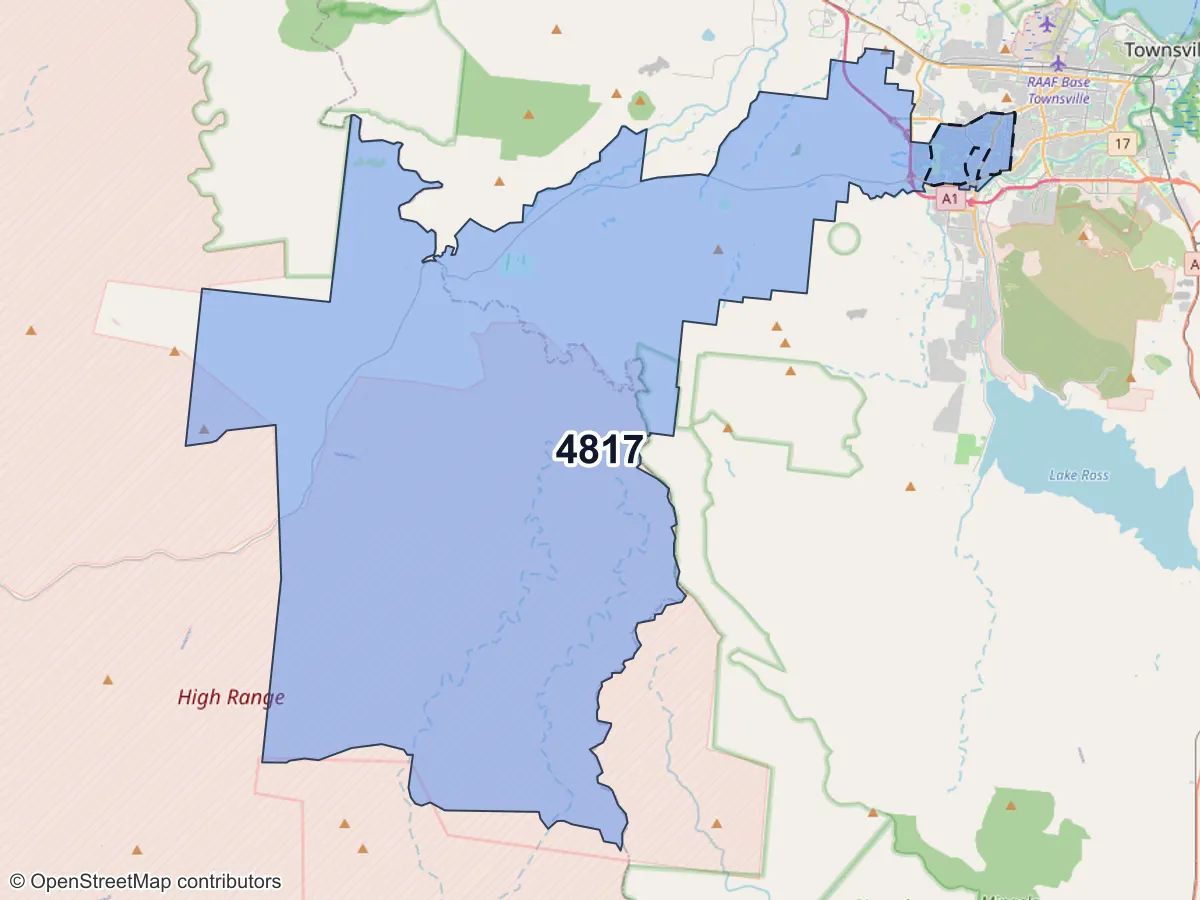 Map of Kirwan, QLD, showing its postcode areas as colored shapes and the suburb outline as a dashed line