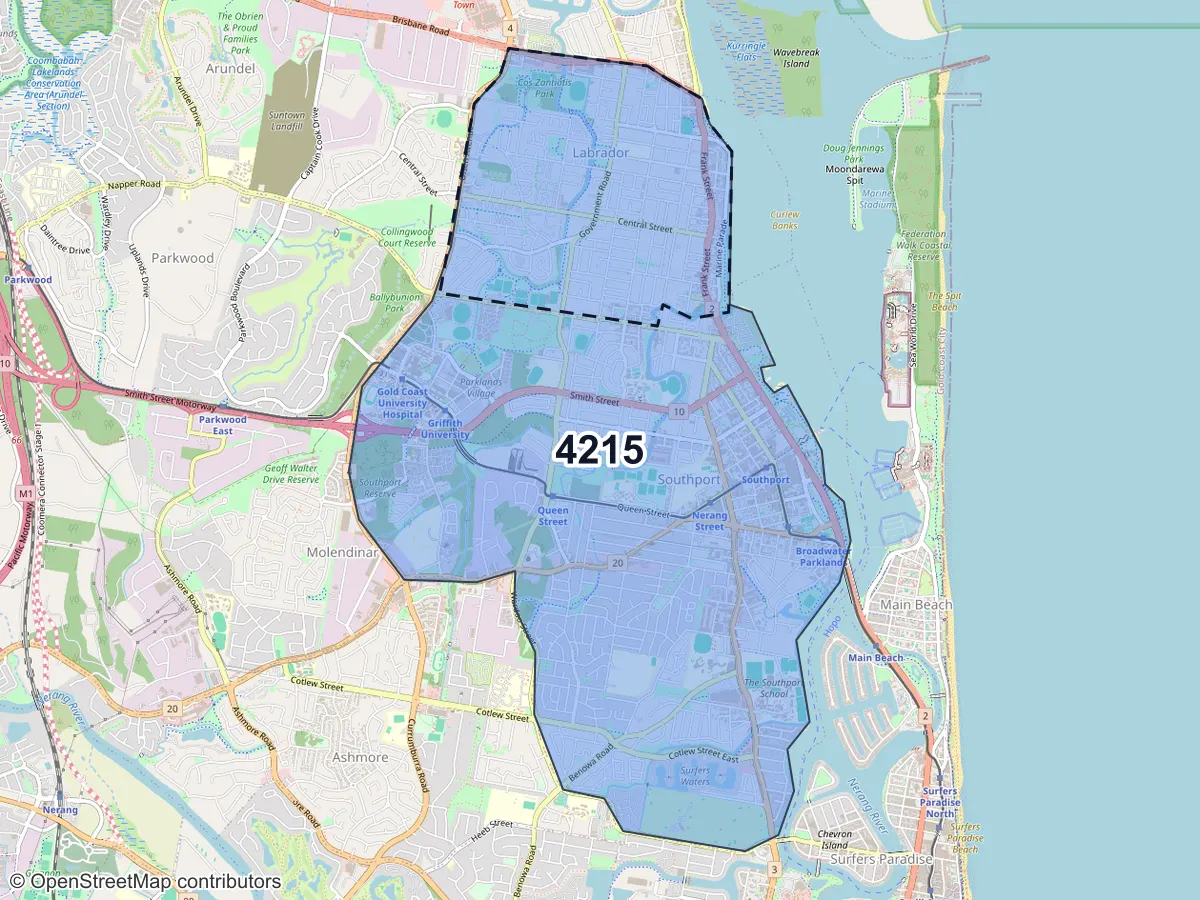 Map of Labrador, QLD, showing its postcode areas as colored shapes and the suburb outline as a dashed line