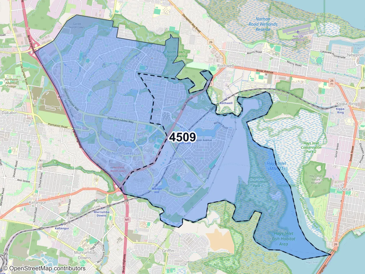 Map of Mango Hill, QLD, showing its postcode areas as colored shapes and the suburb outline as a dashed line