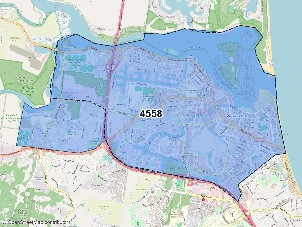 Map of Maroochydore, QLD, showing its postcode areas as colored shapes and the suburb outline as a dashed line