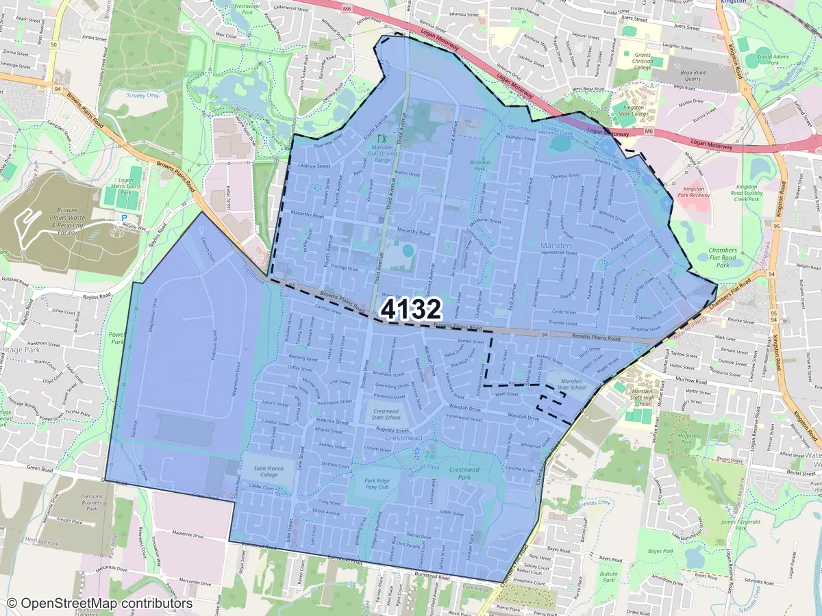 Map of Marsden, QLD, showing its postcode areas as colored shapes and the suburb outline as a dashed line