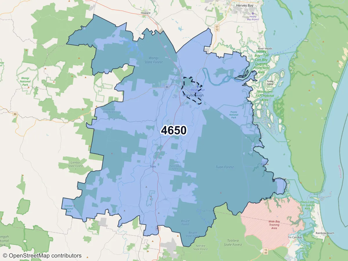 Map of Maryborough, QLD, showing its postcode areas as colored shapes and the suburb outline as a dashed line