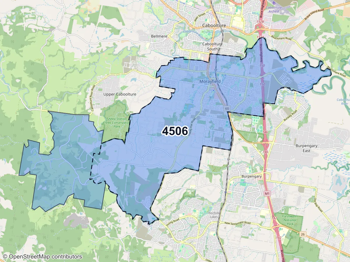 Map of Morayfield, QLD, showing its postcode areas as colored shapes and the suburb outline as a dashed line