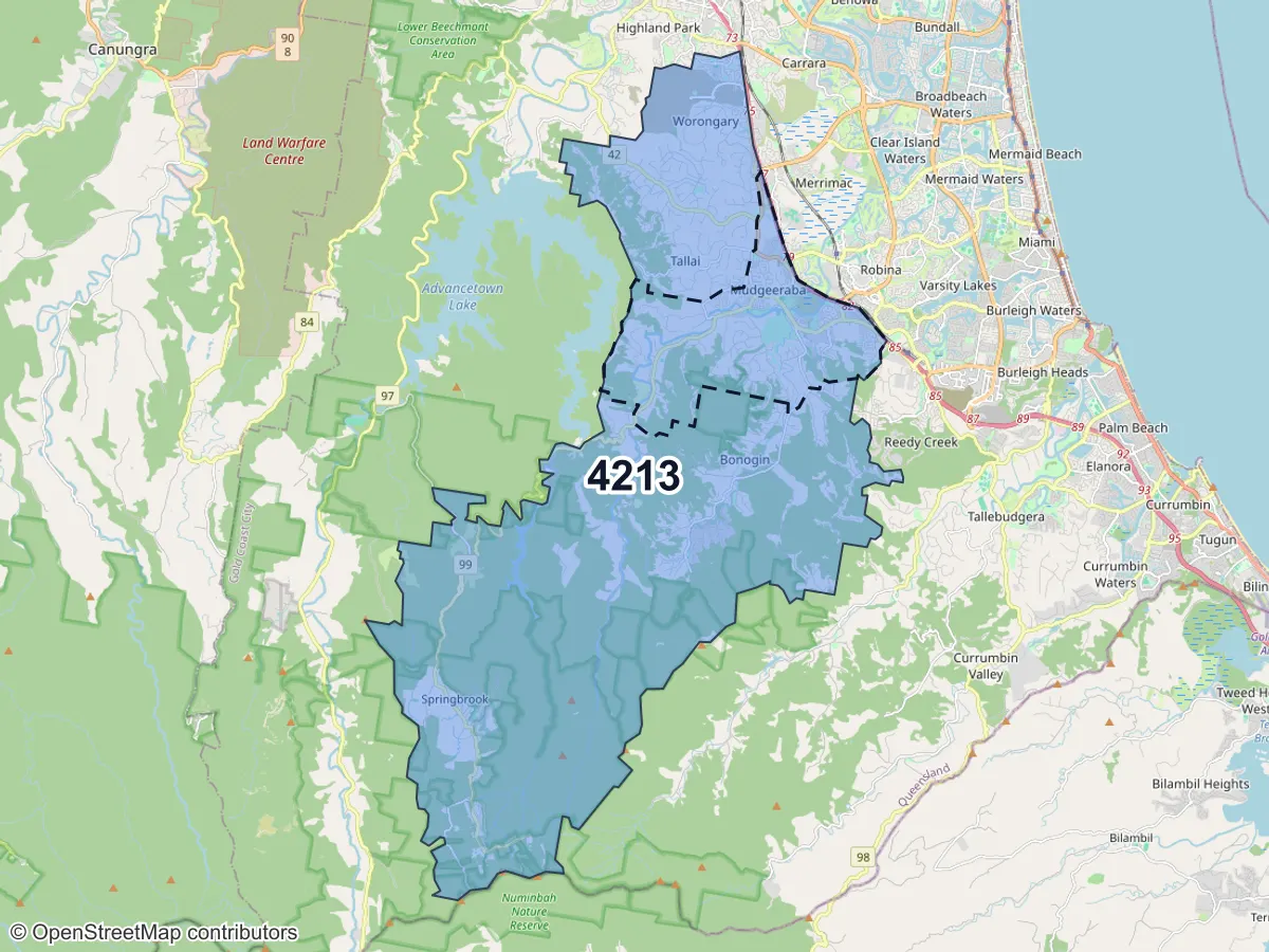 Map of Mudgeeraba, QLD, showing its postcode areas as colored shapes and the suburb outline as a dashed line