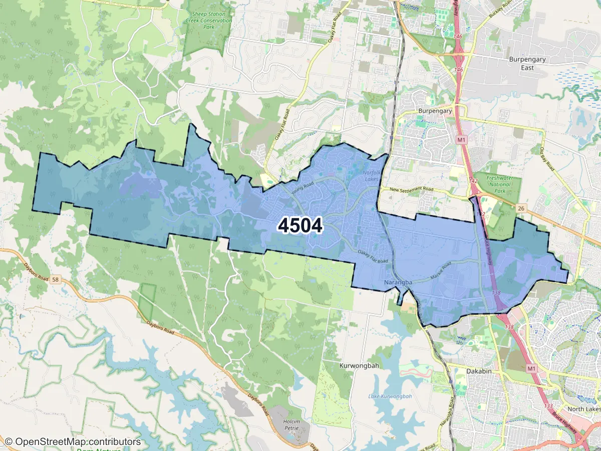 Map of Narangba, QLD, showing its postcode areas as colored shapes and the suburb outline as a dashed line