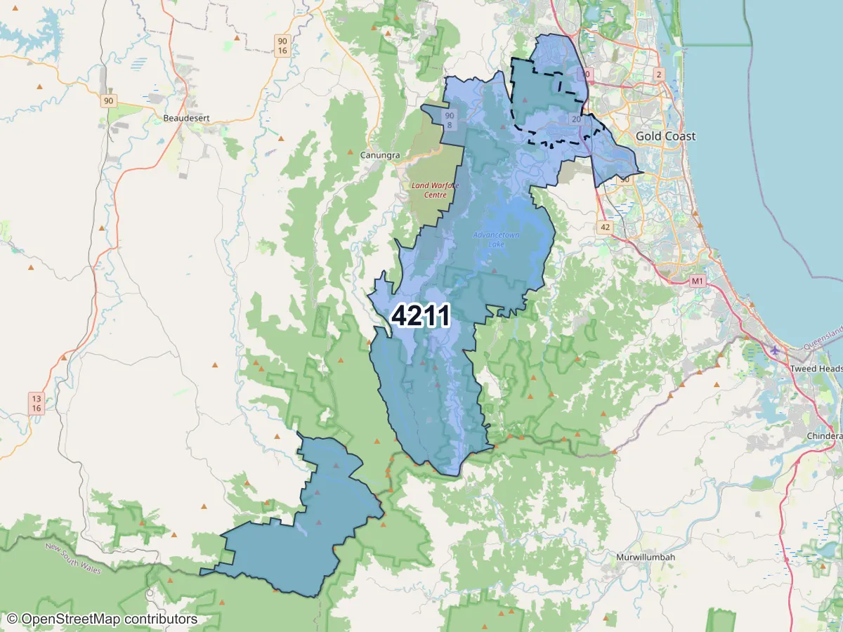 Map of Nerang, QLD, showing its postcode areas as colored shapes and the suburb outline as a dashed line