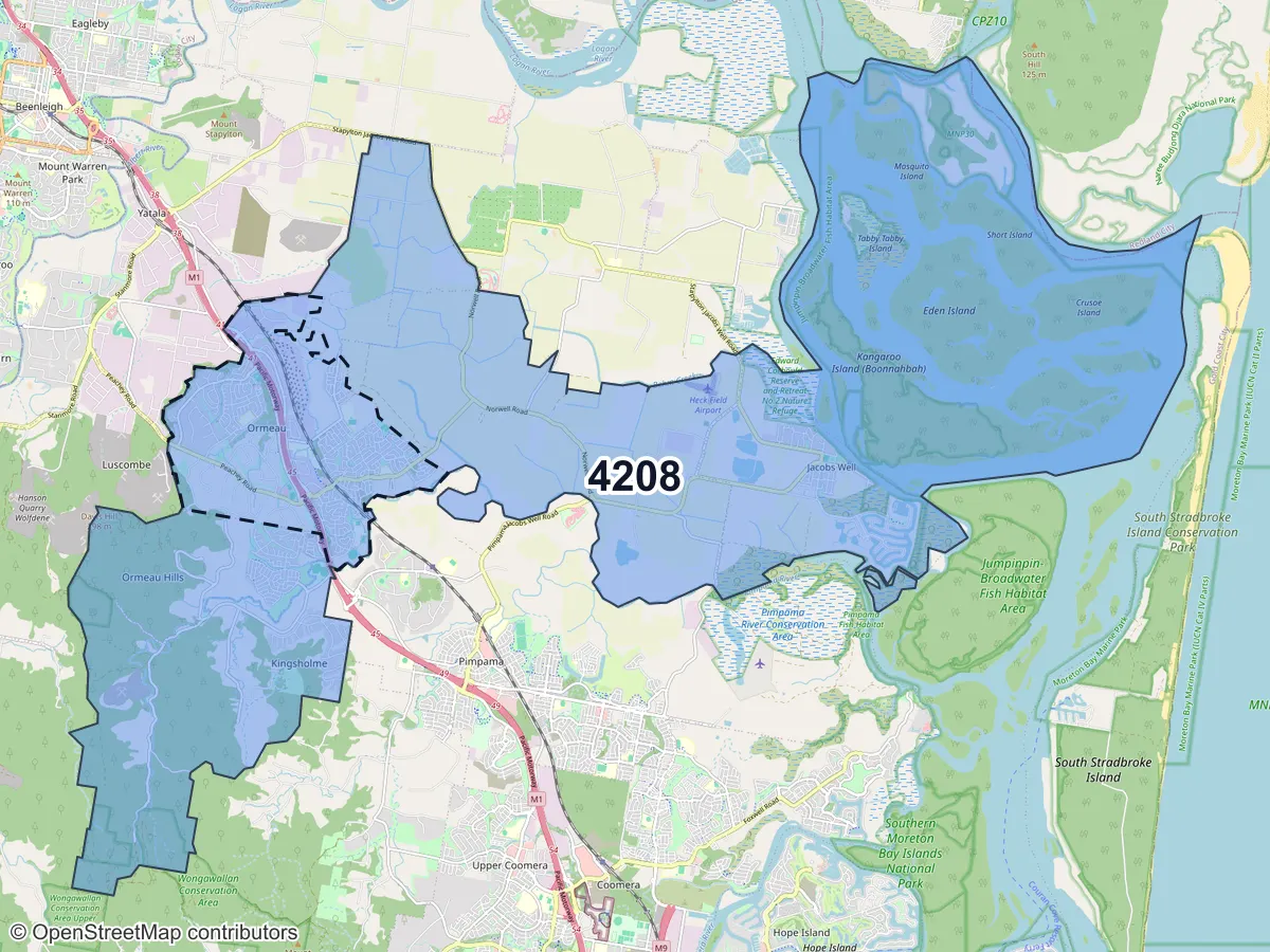 Map of Ormeau, QLD, showing its postcode areas as colored shapes and the suburb outline as a dashed line