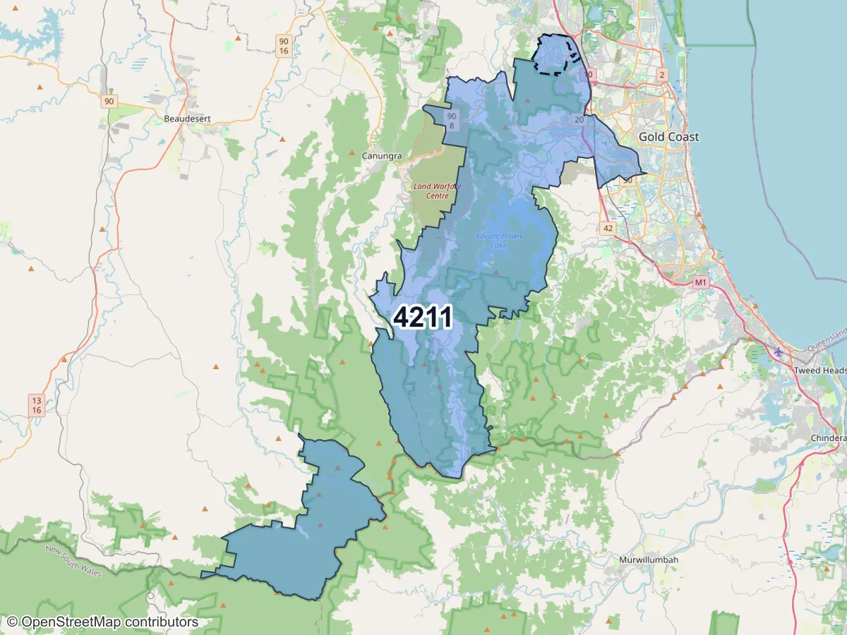 Map of Pacific Pines, QLD, showing its postcode areas as colored shapes and the suburb outline as a dashed line