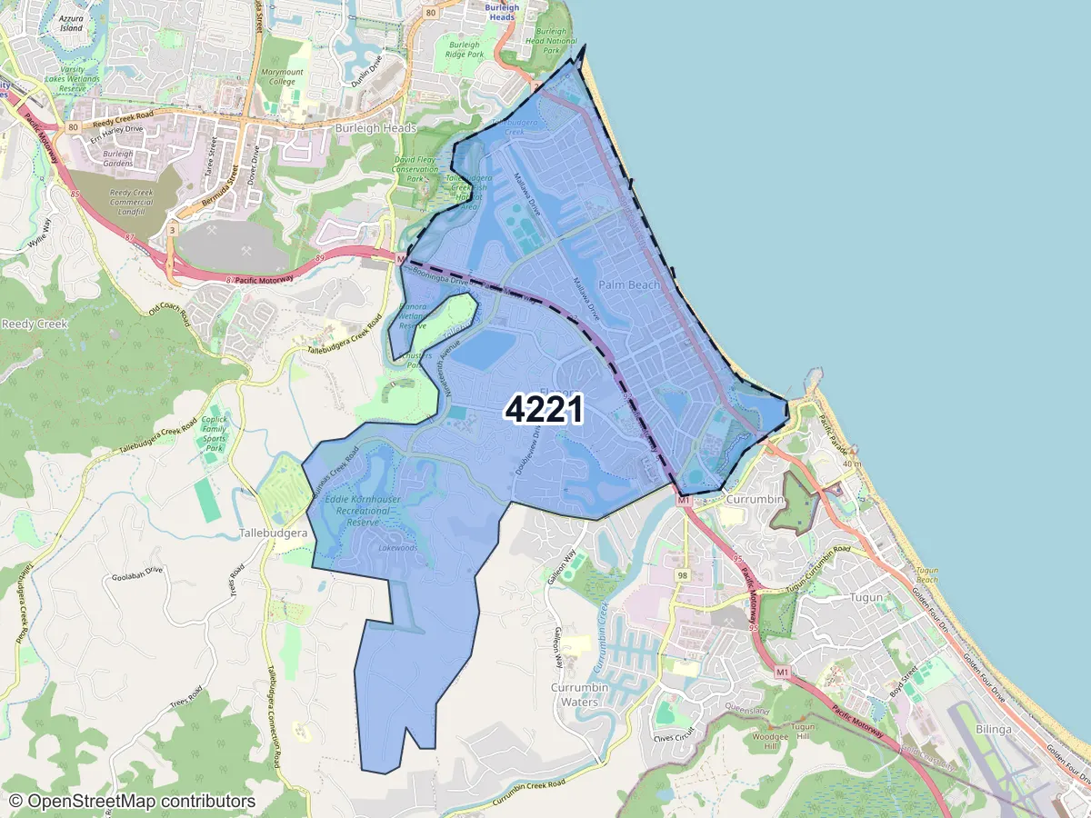 Map of Palm Beach, QLD, showing its postcode areas as colored shapes and the suburb outline as a dashed line