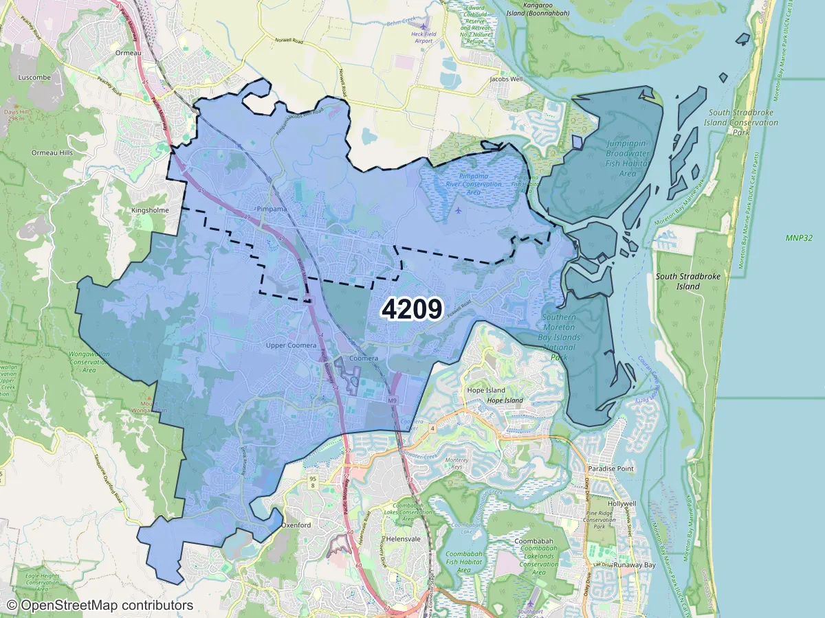 Map of Pimpama, QLD, showing its postcode areas as colored shapes and the suburb outline as a dashed line