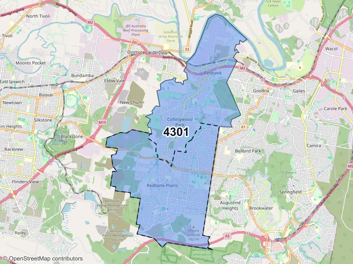 Map of Redbank Plains, QLD, showing its postcode areas as colored shapes and the suburb outline as a dashed line
