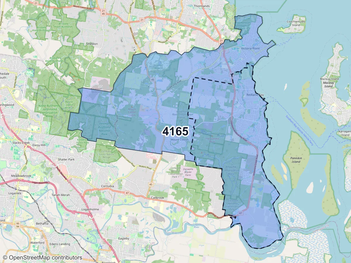 Map of Redland Bay, QLD, showing its postcode areas as colored shapes and the suburb outline as a dashed line