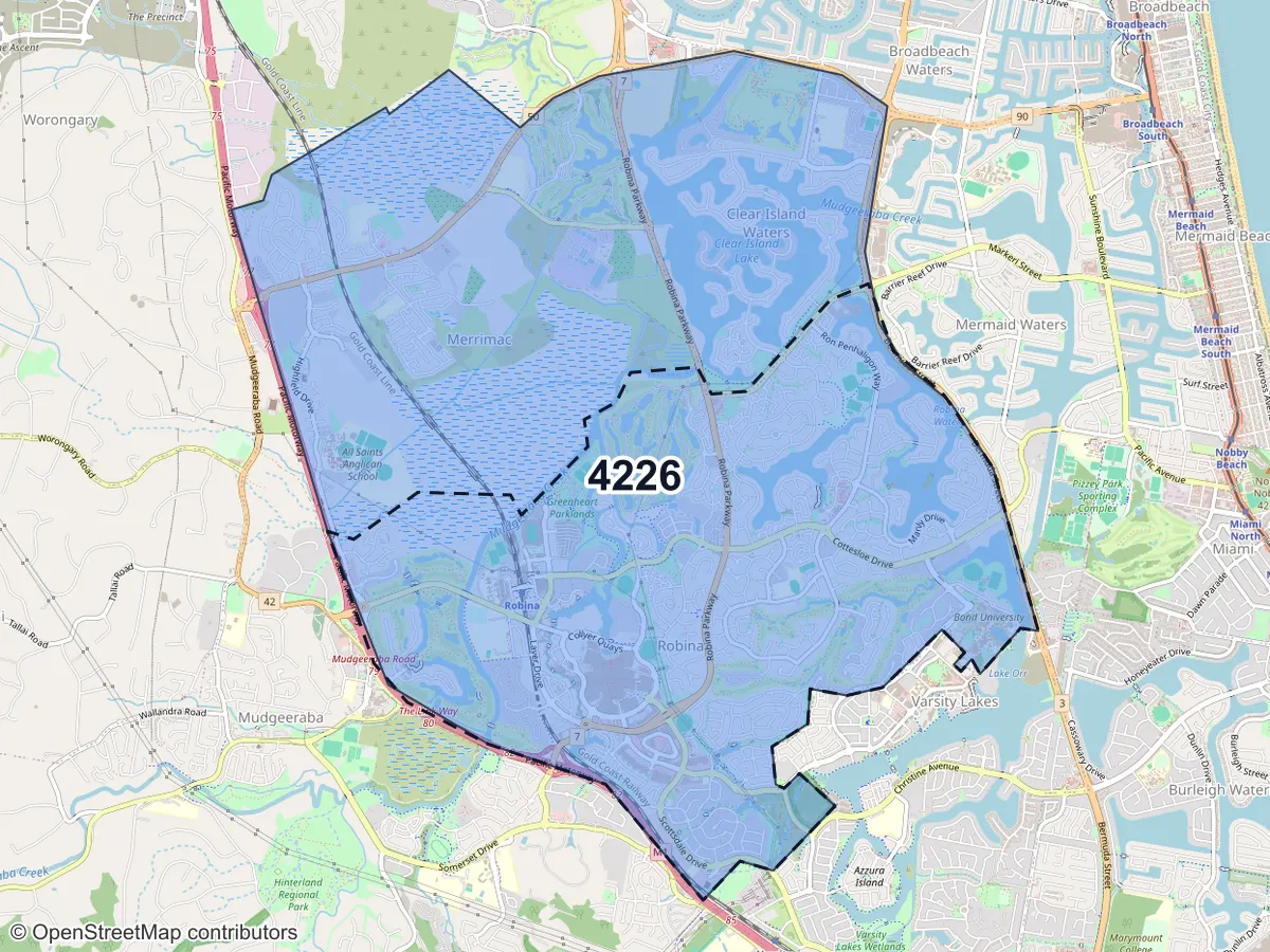 Map of Robina, QLD, showing its postcode areas as colored shapes and the suburb outline as a dashed line