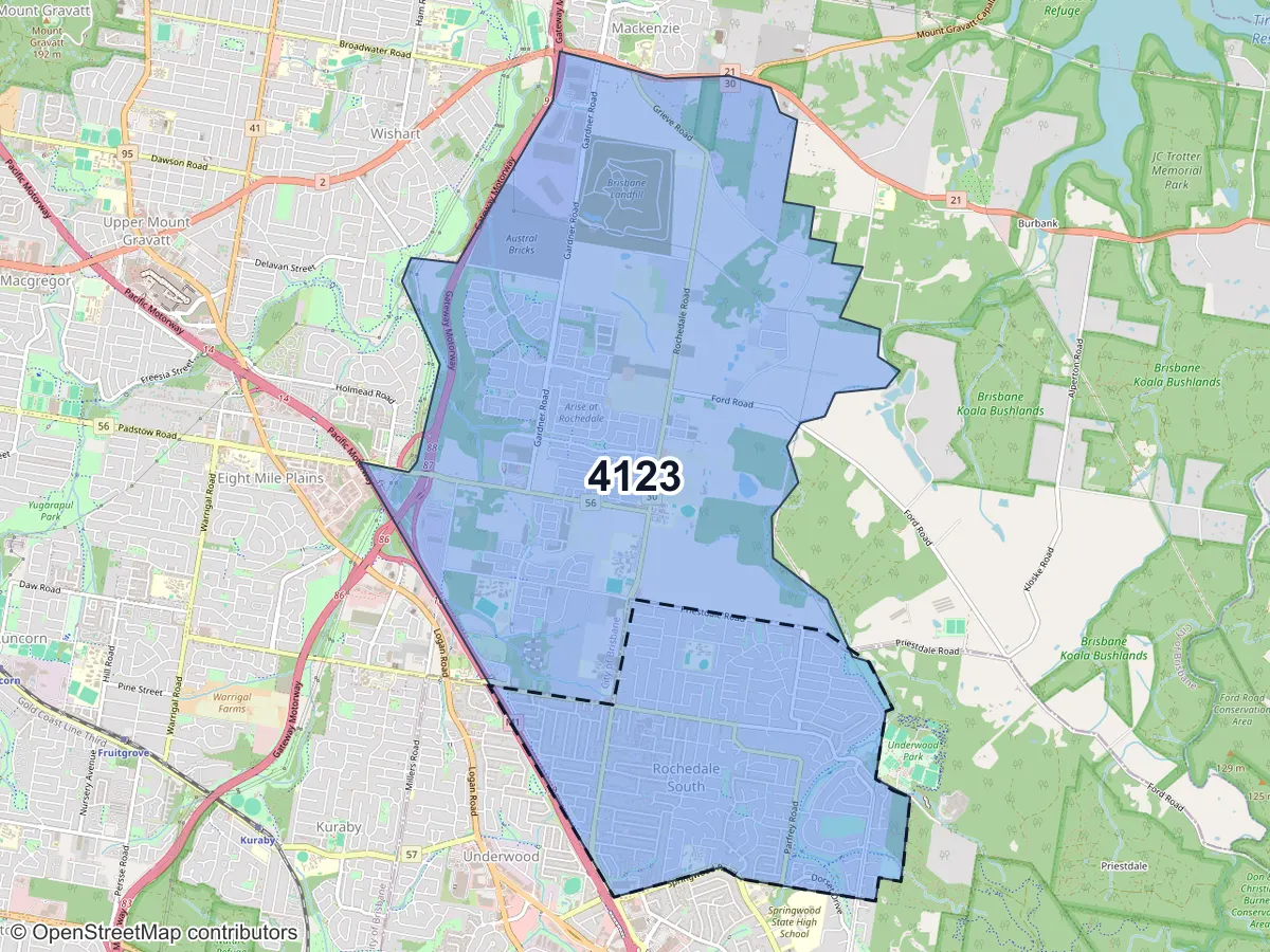 Map of Rochedale South, QLD, showing its postcode areas as colored shapes and the suburb outline as a dashed line