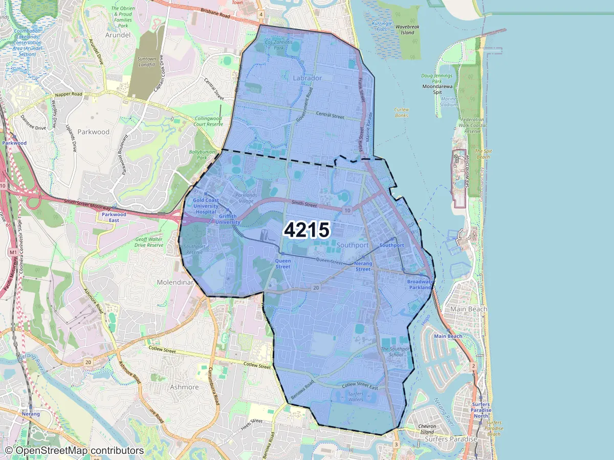 Map of Southport, QLD, showing its postcode areas as colored shapes and the suburb outline as a dashed line