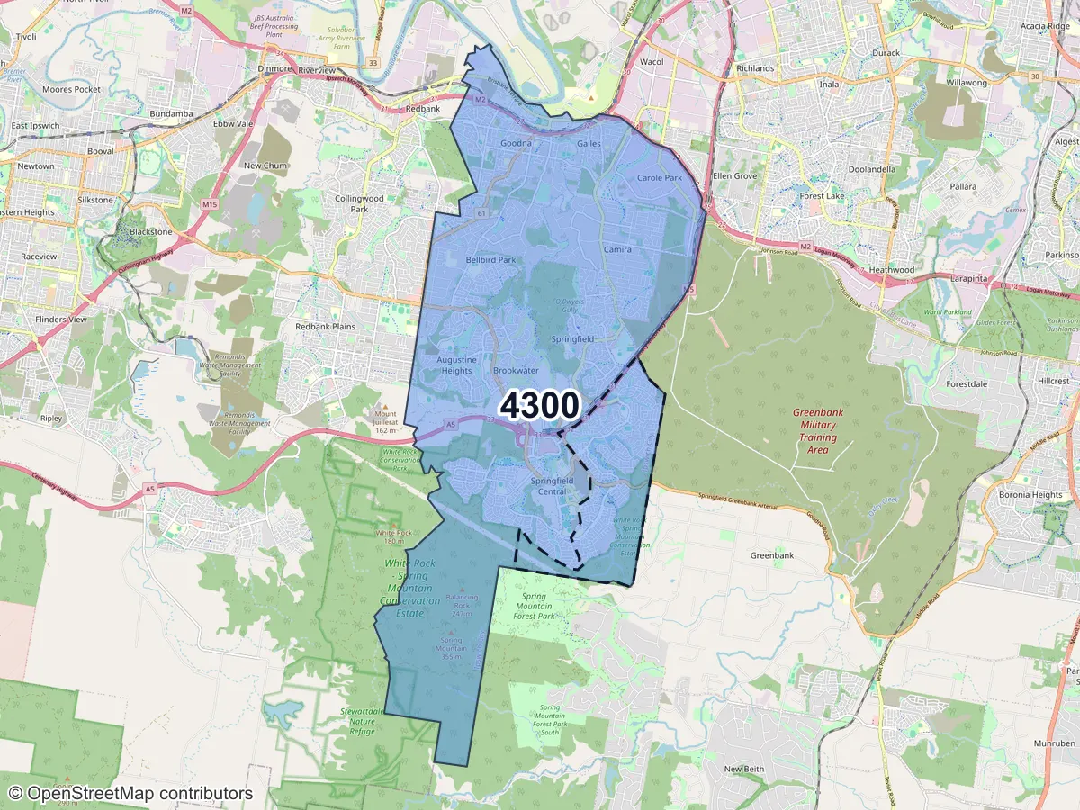 Map of Springfield Lakes, QLD, showing its postcode areas as colored shapes and the suburb outline as a dashed line
