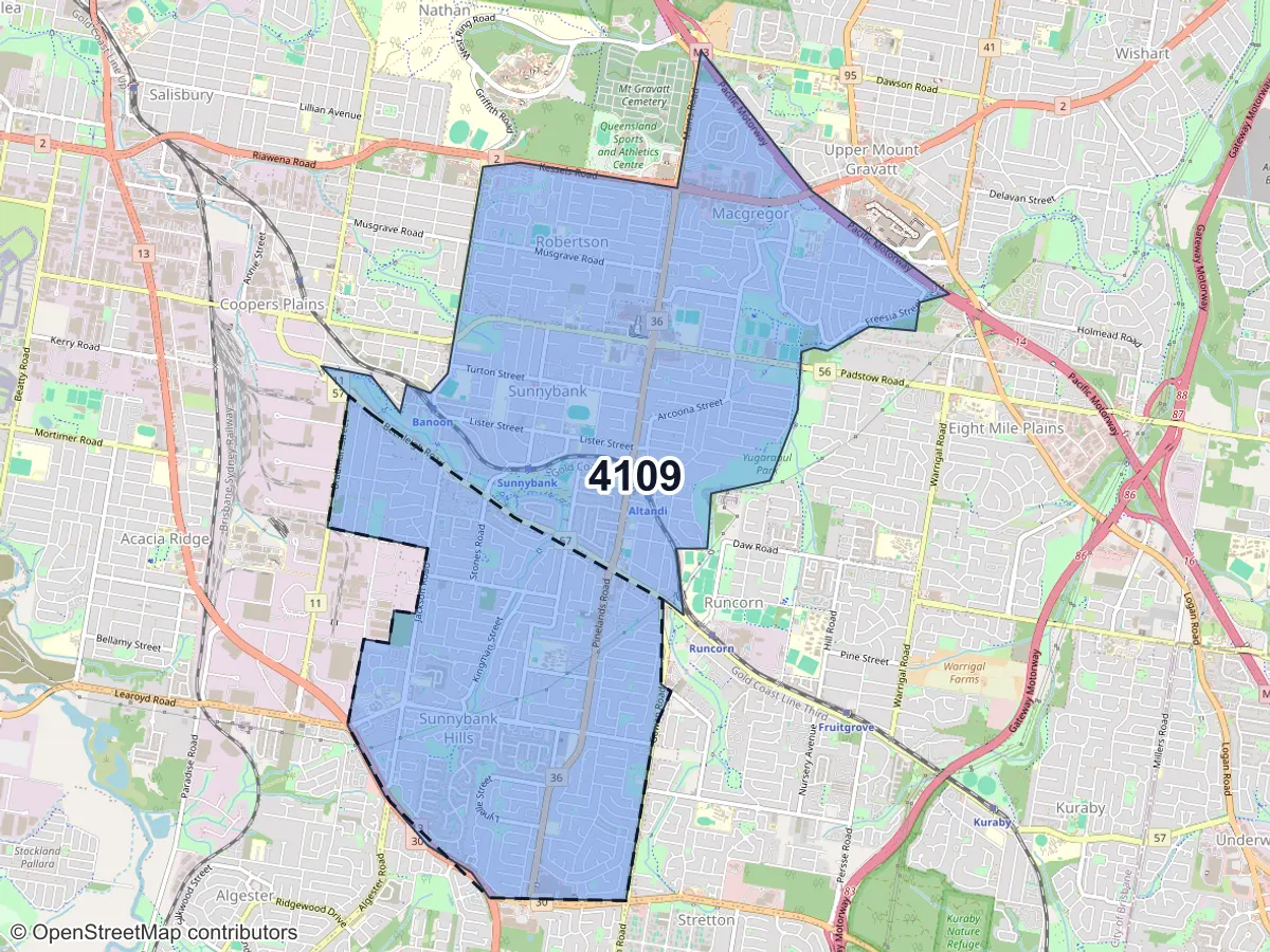 Map of Sunnybank Hills, QLD, showing its postcode areas as colored shapes and the suburb outline as a dashed line