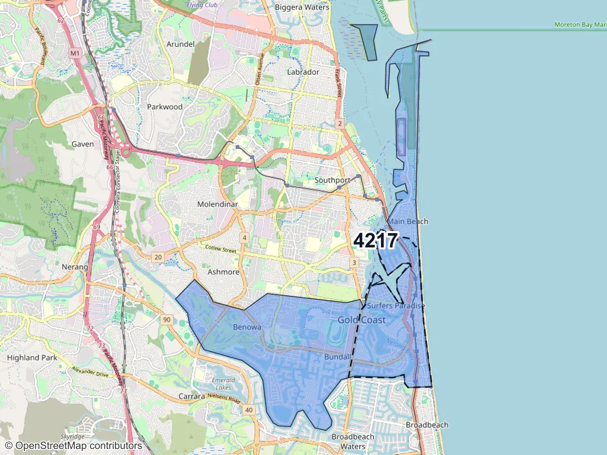 Map of Surfers Paradise, QLD, showing its postcode areas as colored shapes and the suburb outline as a dashed line