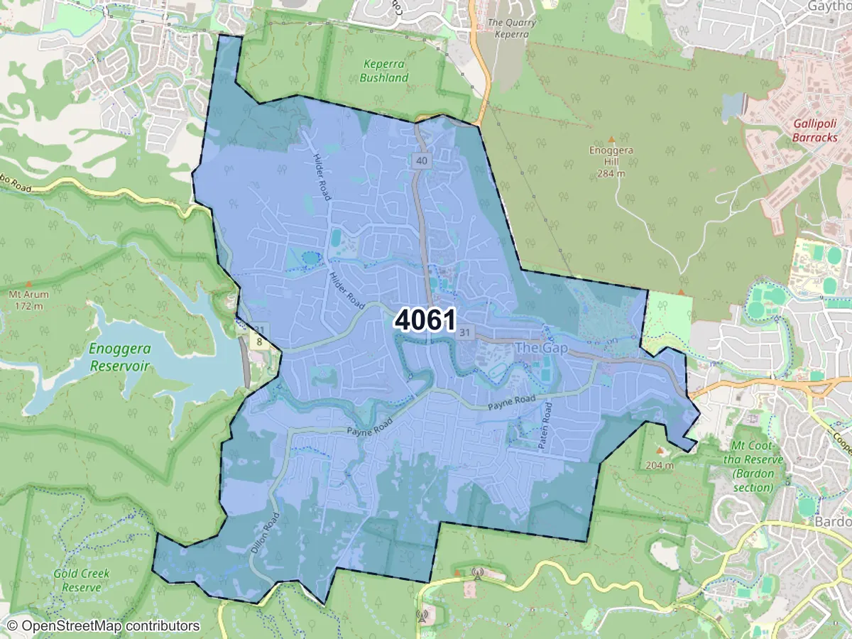 Map of The Gap, QLD, showing its postcode areas as colored shapes and the suburb outline as a dashed line