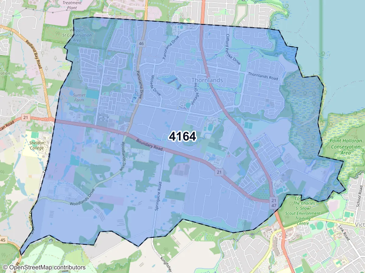 Map of Thornlands, QLD, showing its postcode areas as colored shapes and the suburb outline as a dashed line
