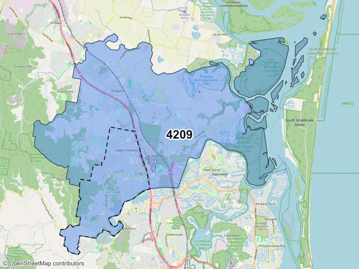Map of Upper Coomera, QLD, showing its postcode areas as colored shapes and the suburb outline as a dashed line