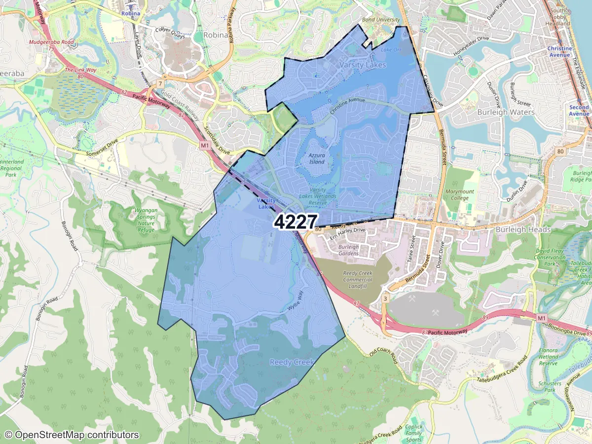 Map of Varsity Lakes, QLD, showing its postcode areas as colored shapes and the suburb outline as a dashed line