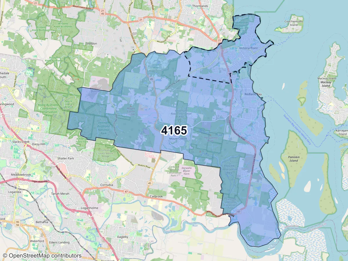 Map of Victoria Point, QLD, showing its postcode areas as colored shapes and the suburb outline as a dashed line
