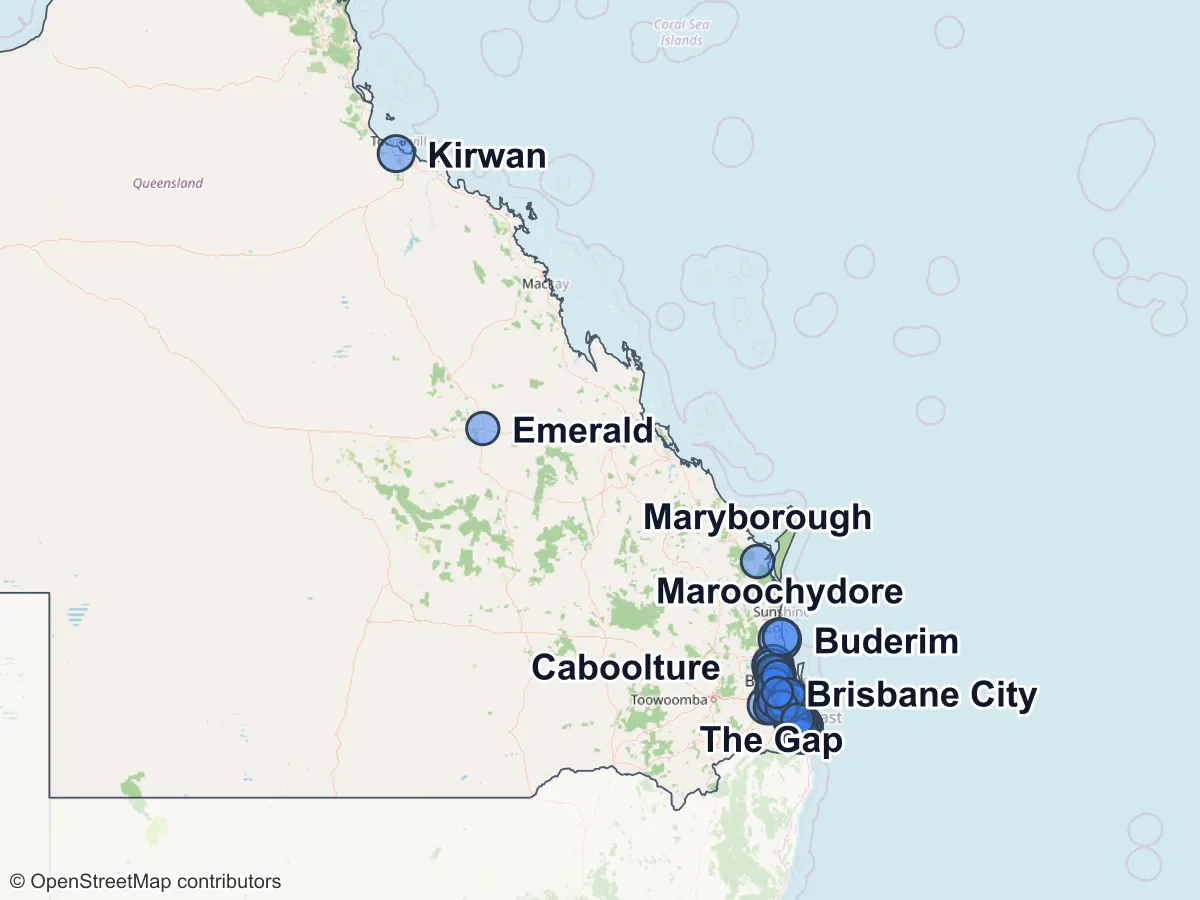 Map of Queensland with a circle for each of its largest suburbs